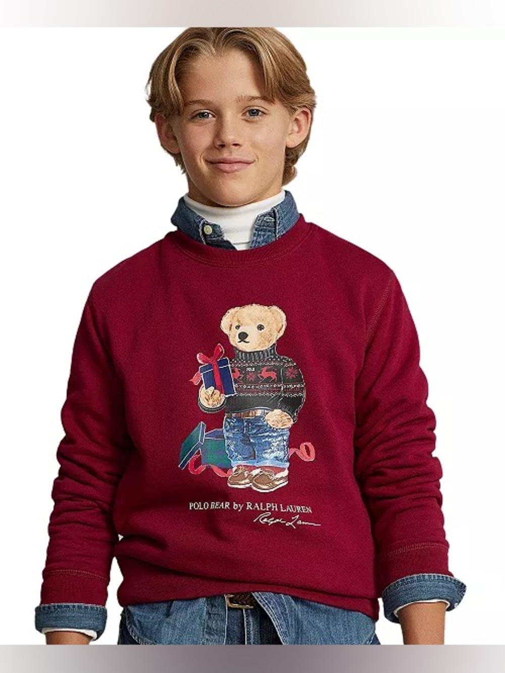 Polo Ralph Lauren Boys Red Crewneck Sweatshirt Holiday Polo Bear sz 7 EUC